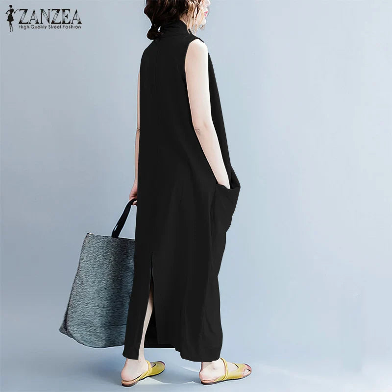 Summer  Oversize Asymmetrical  Baggy V Neck Maxi Dress with Pockets