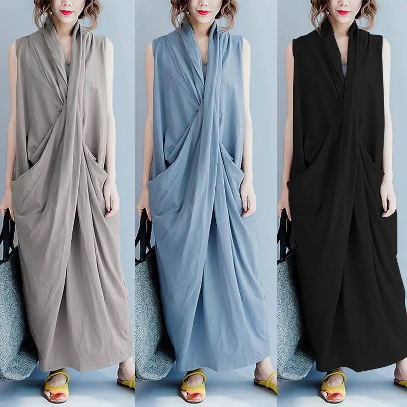 Summer  Oversize Asymmetrical  Baggy V Neck Maxi Dress with Pockets