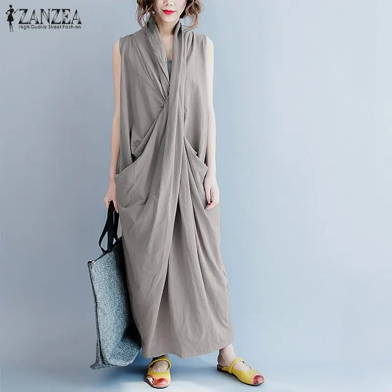 Summer  Oversize Asymmetrical  Baggy V Neck Maxi Dress with Pockets