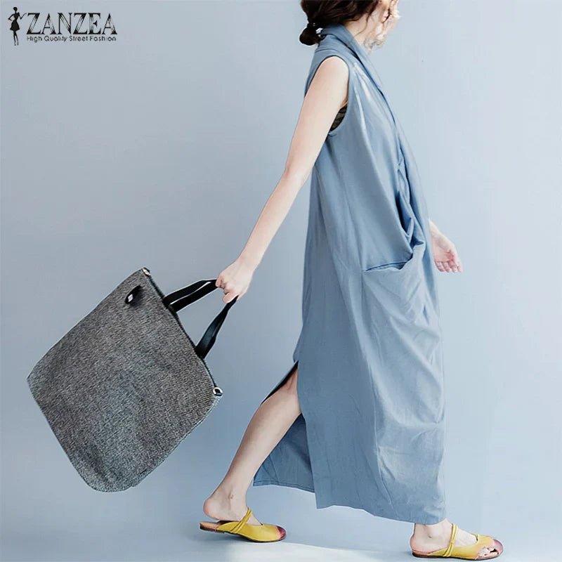 Summer  Oversize Asymmetrical  Baggy V Neck Maxi Dress with Pockets