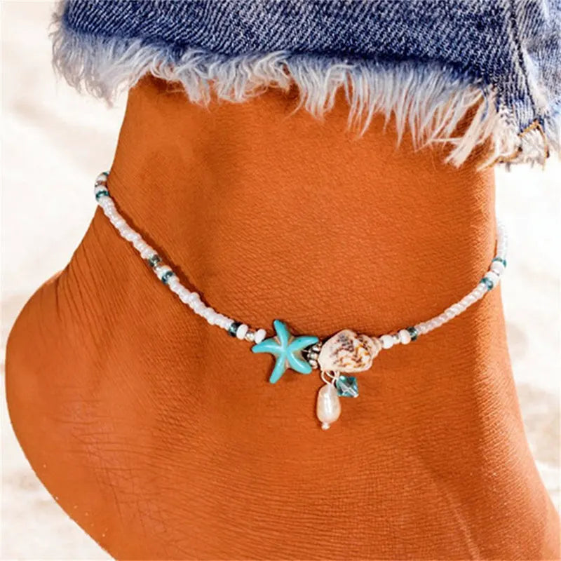 Boho Turquoise Beachy Beads Seashells Charm Anklet.
