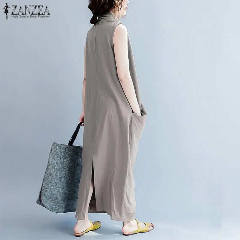 Summer  Oversize Asymmetrical  Baggy V Neck Maxi Dress with Pockets