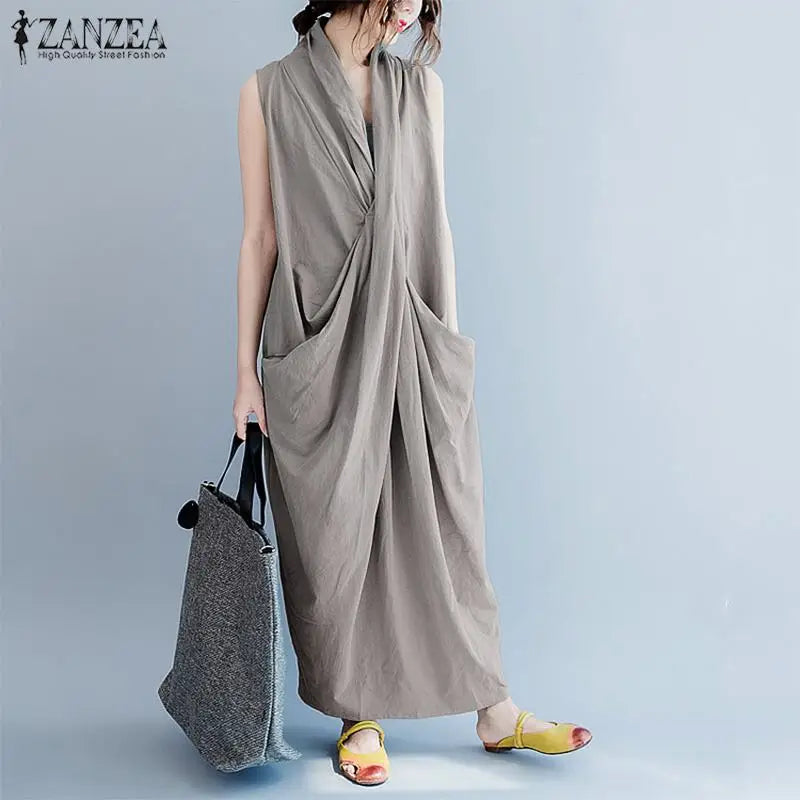 Summer  Oversize Asymmetrical  Baggy V Neck Maxi Dress with Pockets