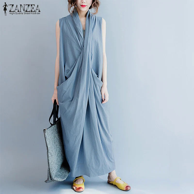 Summer  Oversize Asymmetrical  Baggy V Neck Maxi Dress with Pockets