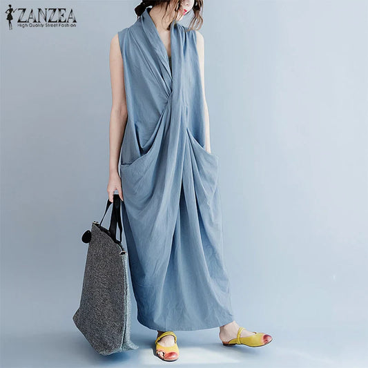 Summer  Oversize Asymmetrical  Baggy V Neck Maxi Dress with Pockets
