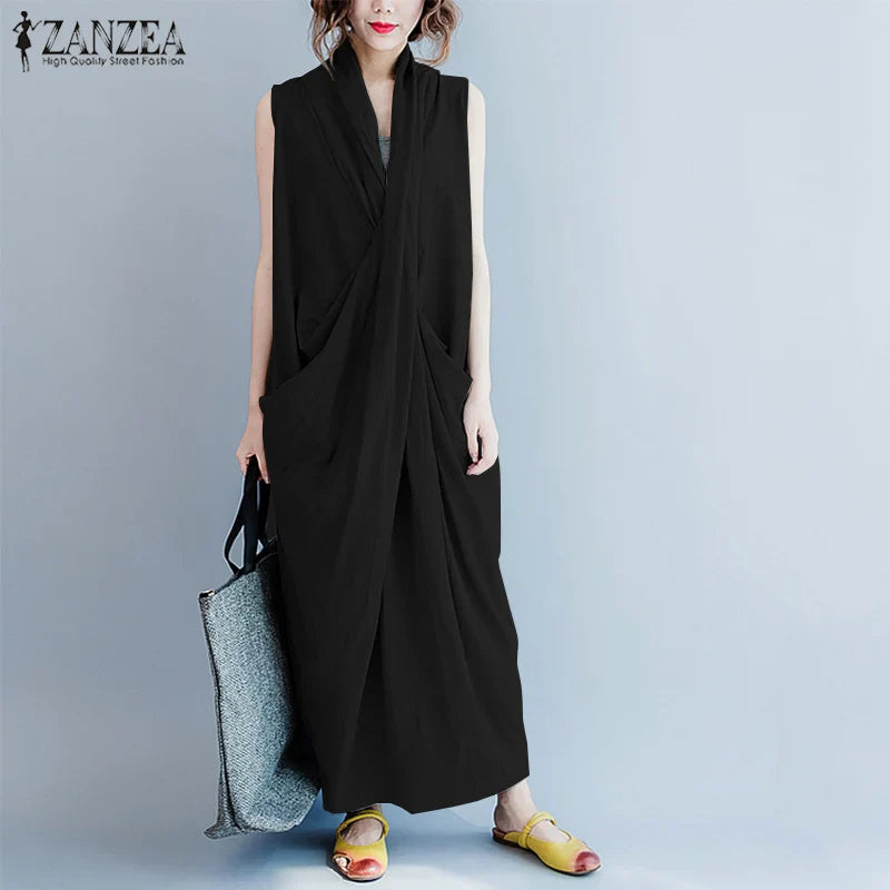 Summer  Oversize Asymmetrical  Baggy V Neck Maxi Dress with Pockets