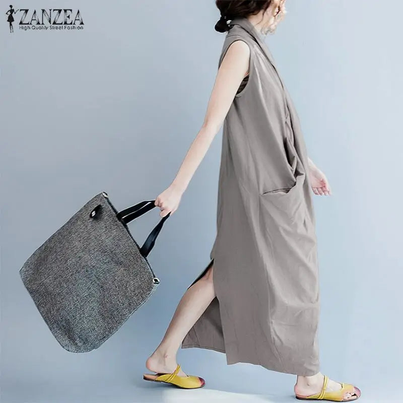 Summer  Oversize Asymmetrical  Baggy V Neck Maxi Dress with Pockets