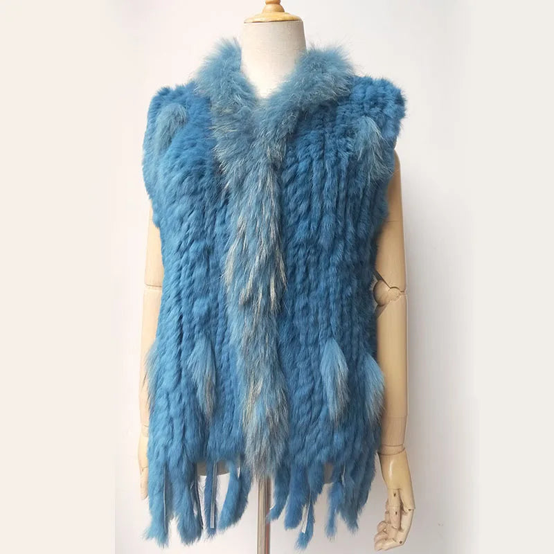 Warm Sleeveless Genuine Rabbit Fur Knitted Vest with Tassel