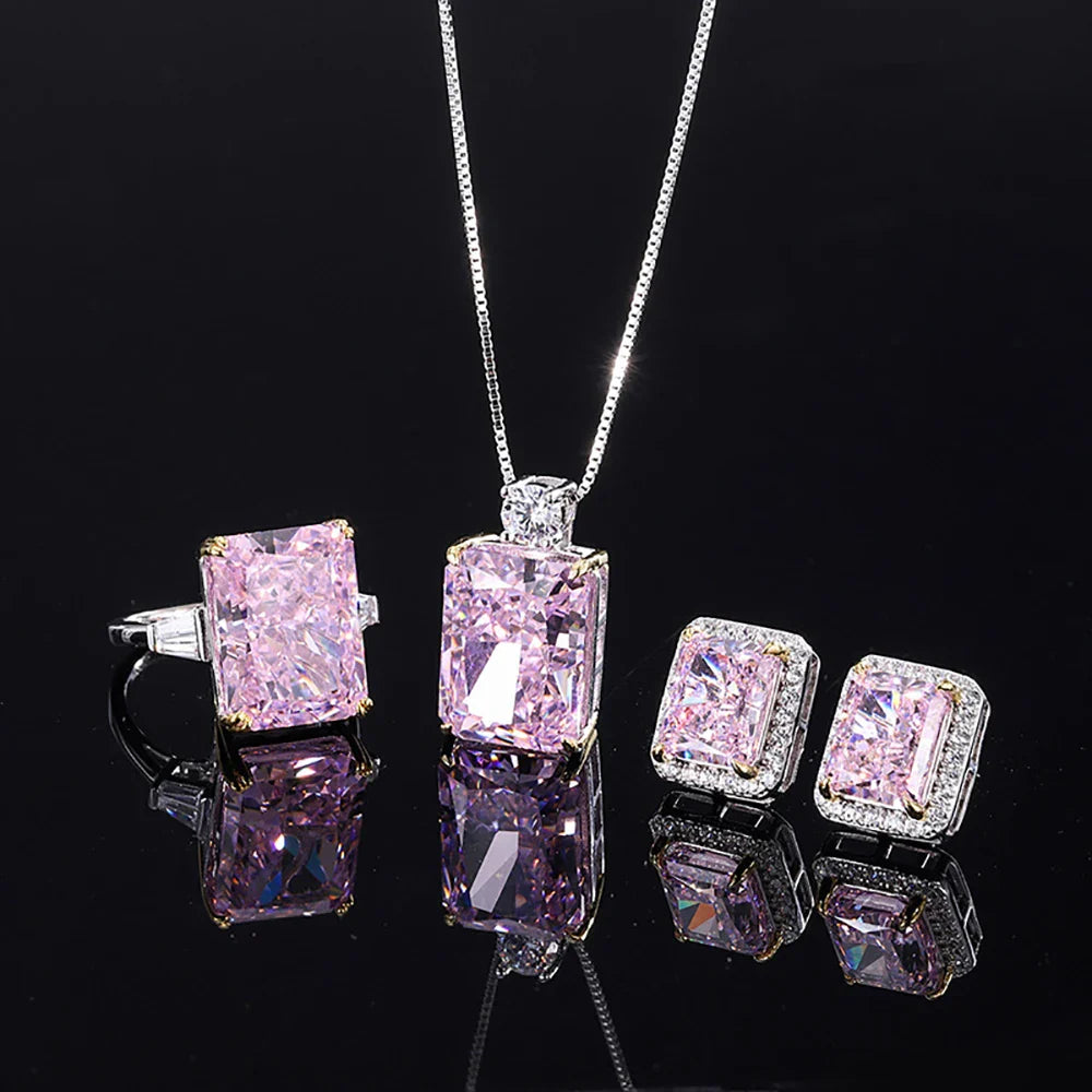 Pink Quartz Gemstone Necklace Pendant, Earrings, Ring Jewelry Set