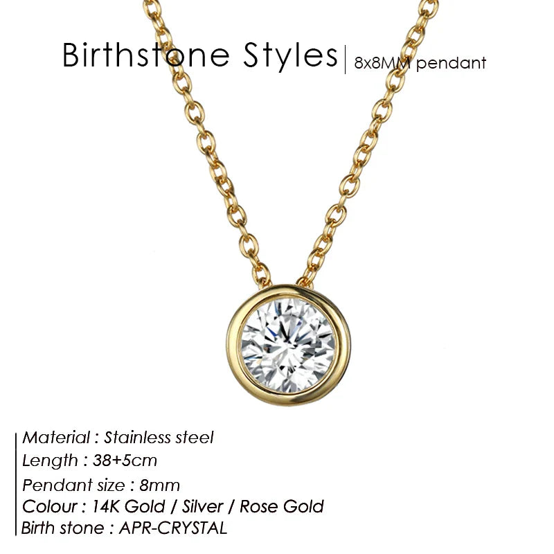 Classic Round Birthstone Necklace in Silver, Gold, Rose Gold.