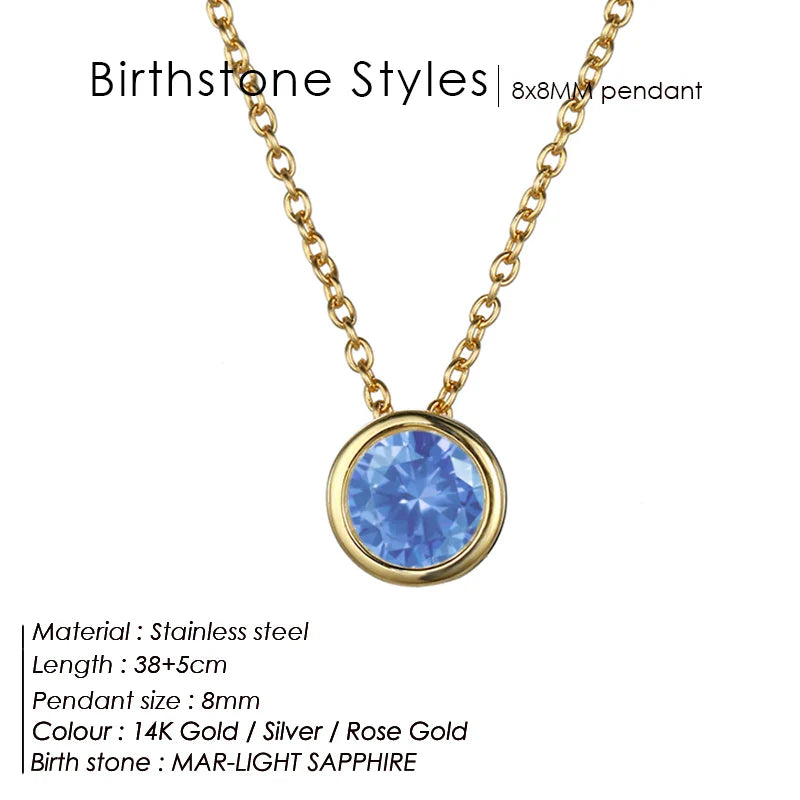 Classic Round Birthstone Necklace in Silver, Gold, Rose Gold.