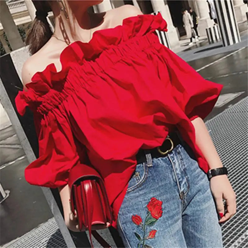 Red Chiffon  Ruffles Off-Shoulder  Blouse Top with  Puffy Sleeves