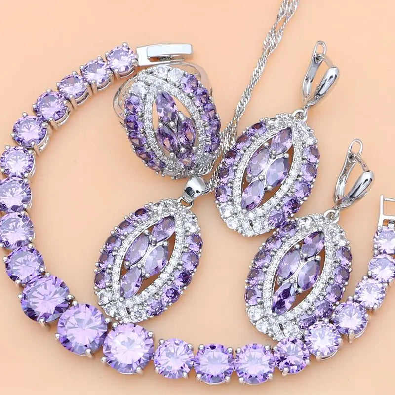 Chic Sterling Silver Purple Amethyst Crystal Jewelry Set