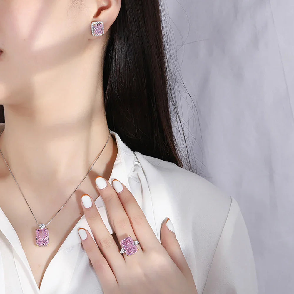 Pink Quartz Gemstone Necklace Pendant, Earrings, Ring Jewelry Set