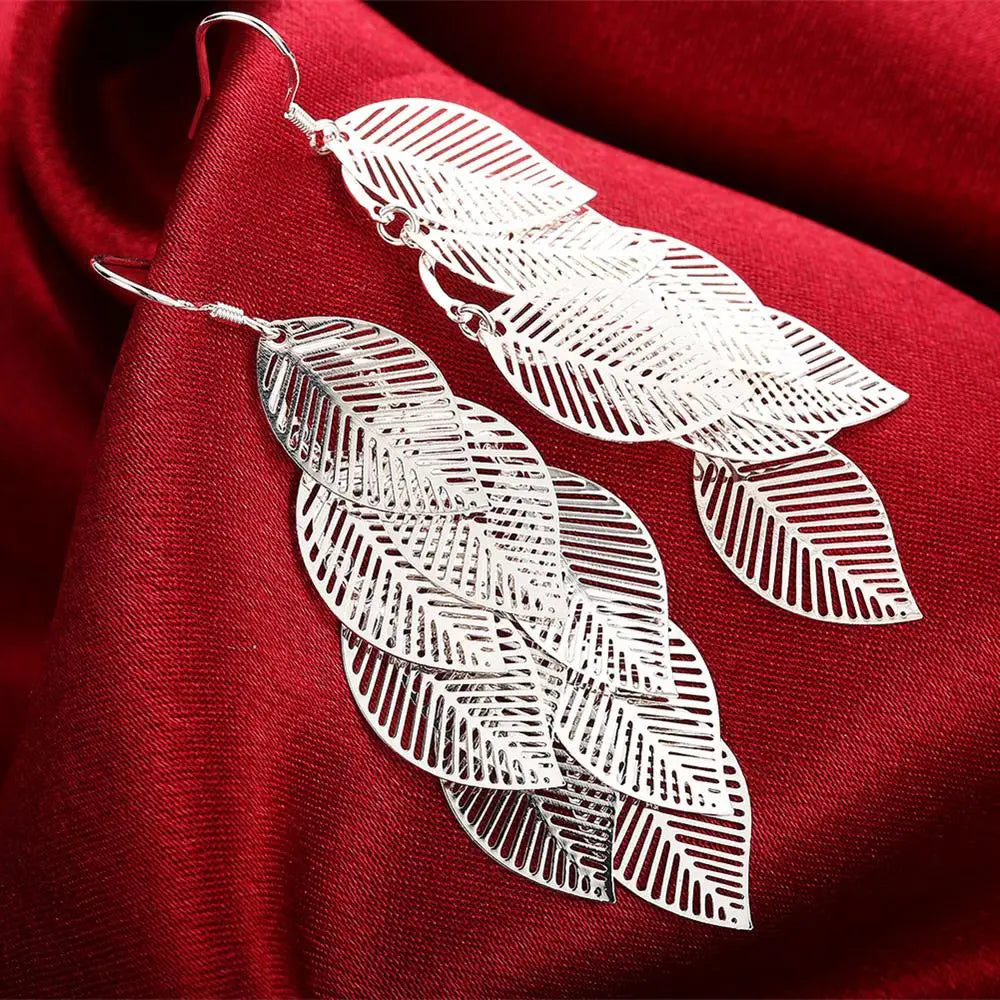 Fine 925 Sterling Silver Tassel Layered Leaves Drop Earrings