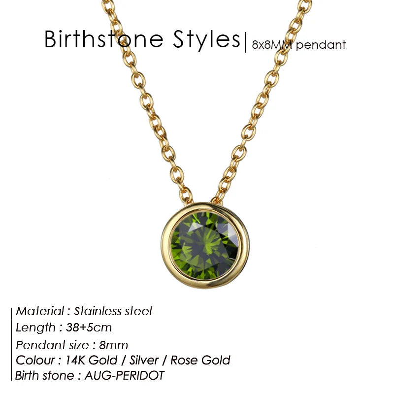 Classic Round Birthstone Necklace in Silver, Gold, Rose Gold.