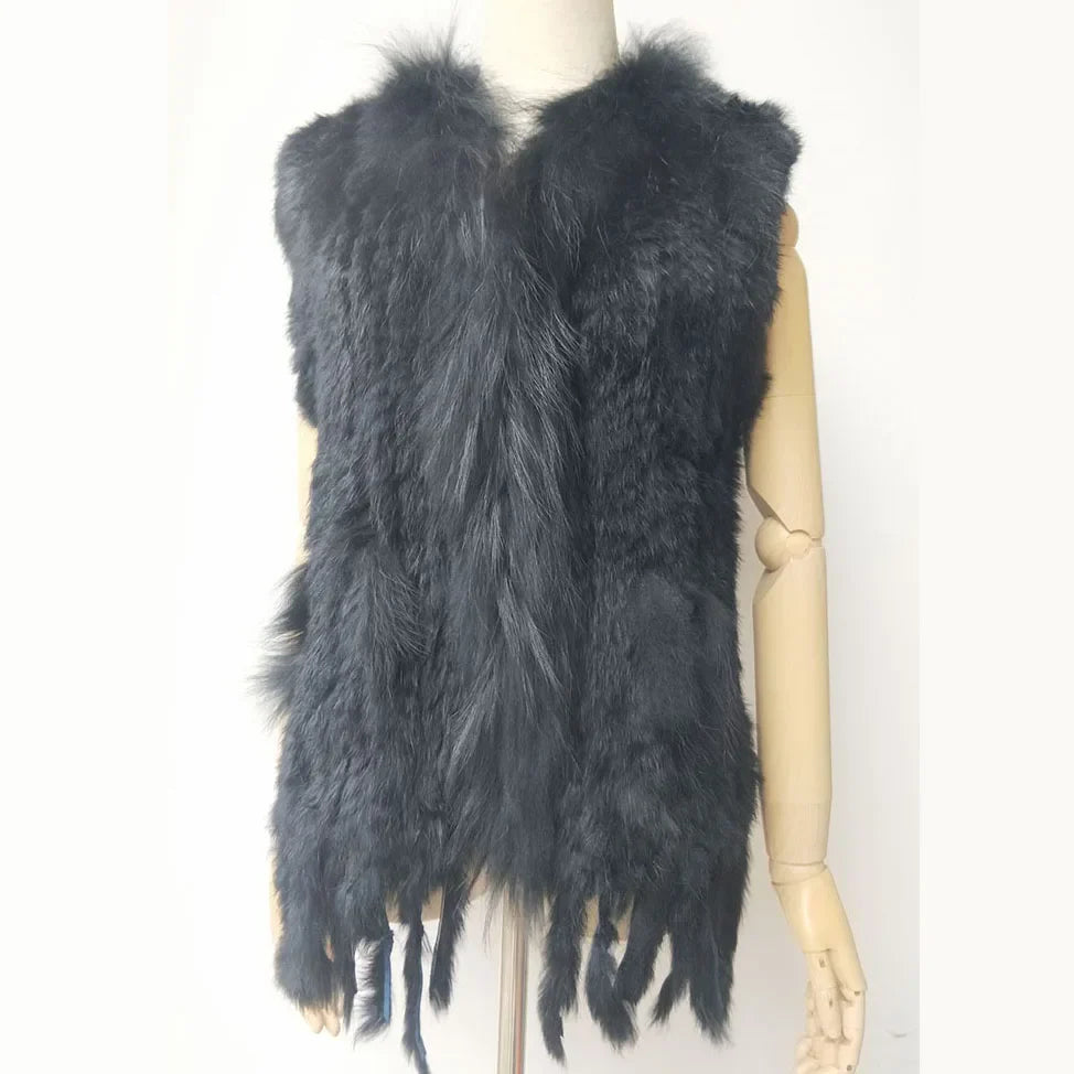Warm Sleeveless Genuine Rabbit Fur Knitted Vest with Tassel