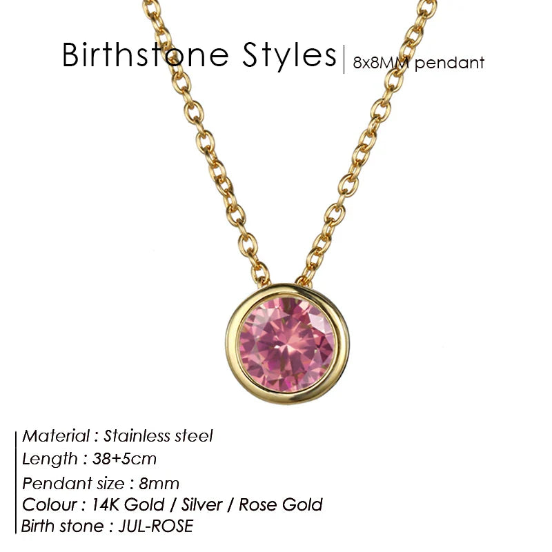 Classic Round Birthstone Necklace in Silver, Gold, Rose Gold.