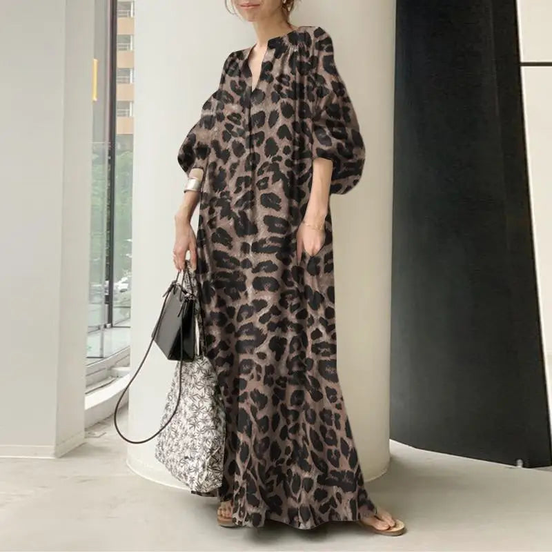 Trendy Touch Balloon Sleeve Leopard Print Maxi Dress