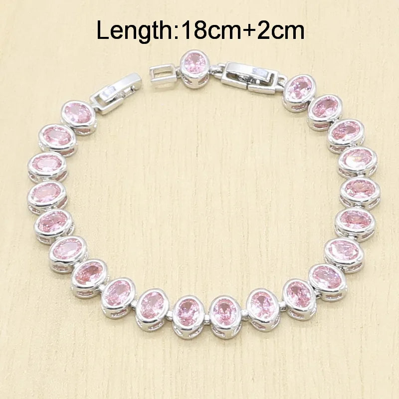 Pink Zircon Bracelet, Hoop Earrings, Necklace, Pendant, Ring Jewelry Set