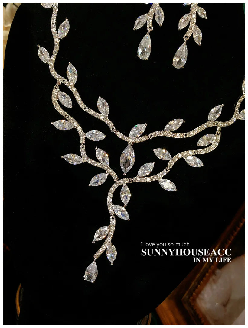 Exquisite Leaf Shaped White CZ Sterling Silver Necklace & Earring Jewelry Set