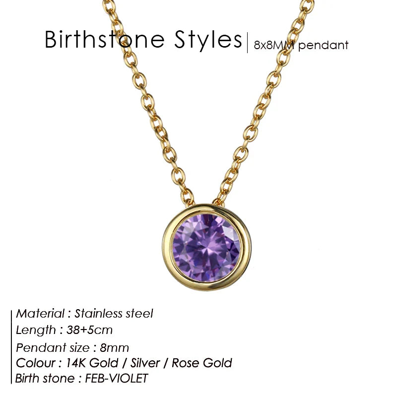 Classic Round Birthstone Necklace in Silver, Gold, Rose Gold.