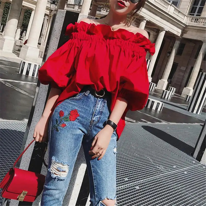Red Chiffon  Ruffles Off-Shoulder  Blouse Top with  Puffy Sleeves