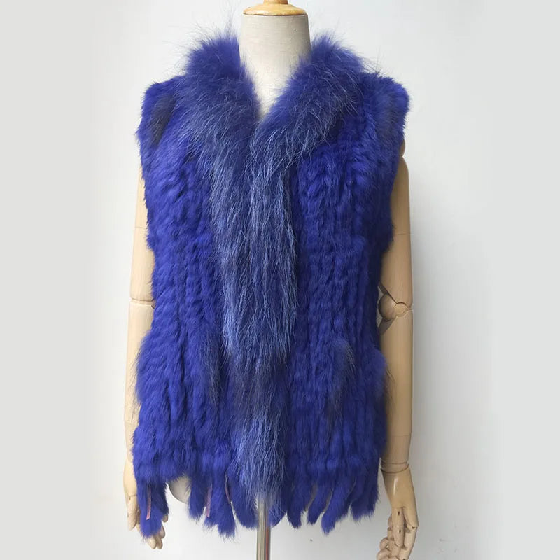 Warm Sleeveless Genuine Rabbit Fur Knitted Vest with Tassel