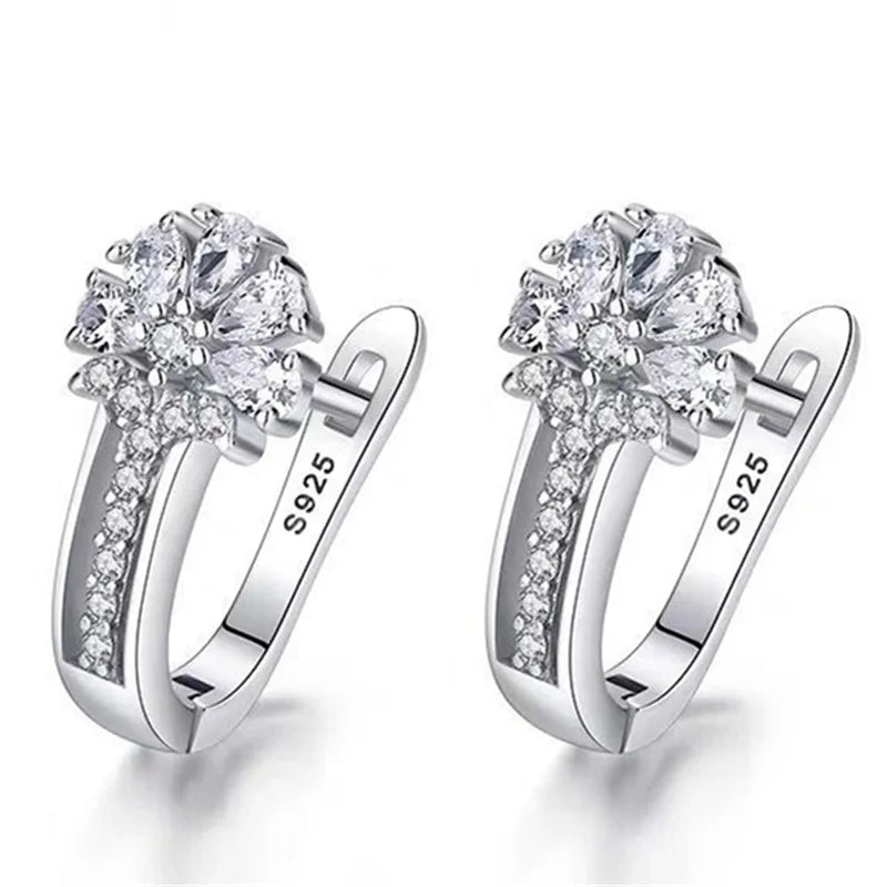 Fine Jewelry 925 Sterling Silver CZ Earrings Inlaid With Crystal Flower