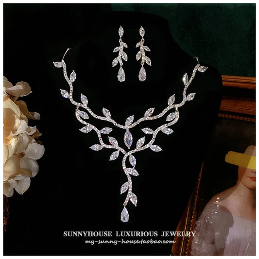 Exquisite Leaf Shaped White CZ Sterling Silver Necklace & Earring Jewelry Set