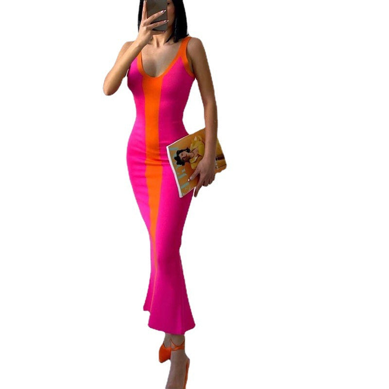 Vibrant Stitch Style Knitted Slim Fit Maxi Dress