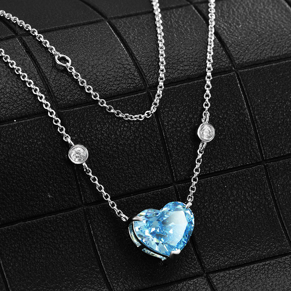 Sea Blue Ocean Heart-shaped Crystal Zircon Sterling Silver Necklace.