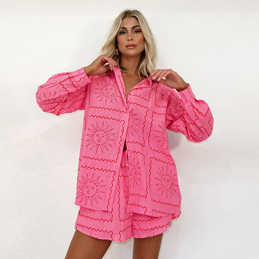 Summer Print Button-up Short with Drawstring Shorts Two-piece Set