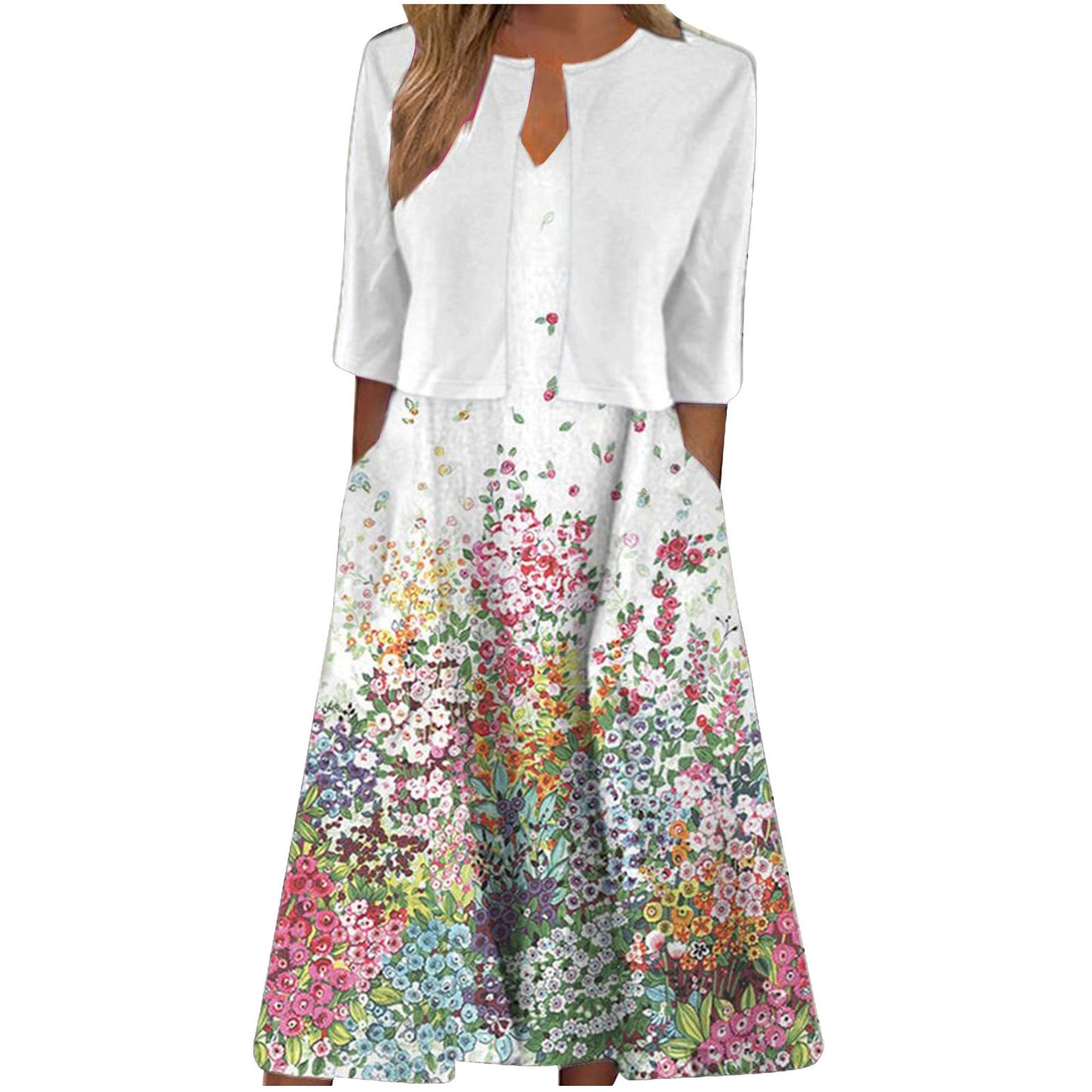 Retro Floral Print Cardigan Two-piece Dress