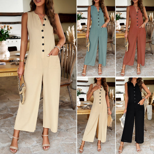 Feminine Classic Buttoned Sleevless Jumpsuit