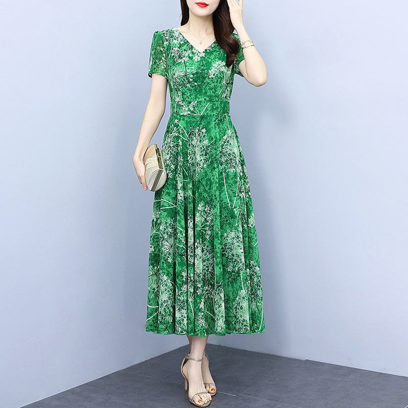 Artistic Chiffon Green Floral Dress with Princess Sleeves