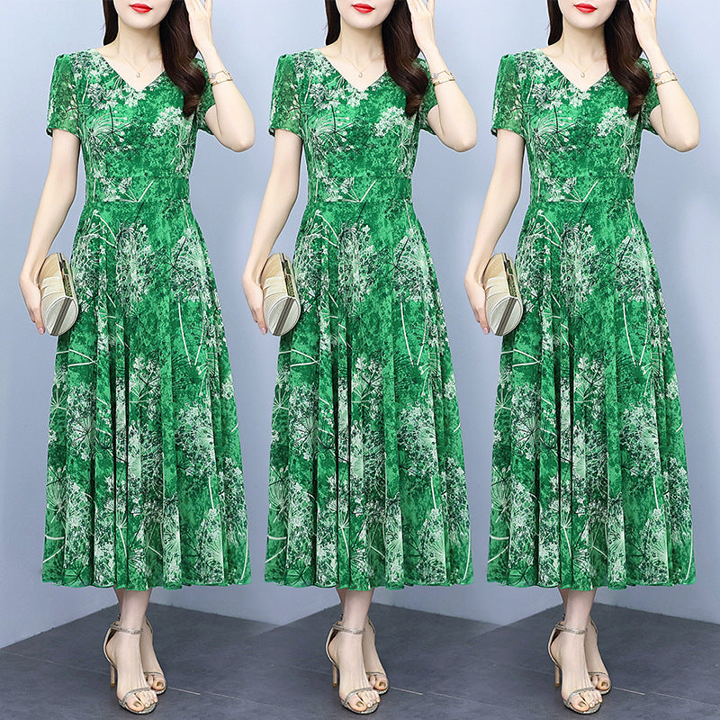 Artistic Chiffon Green Floral Dress with Princess Sleeves