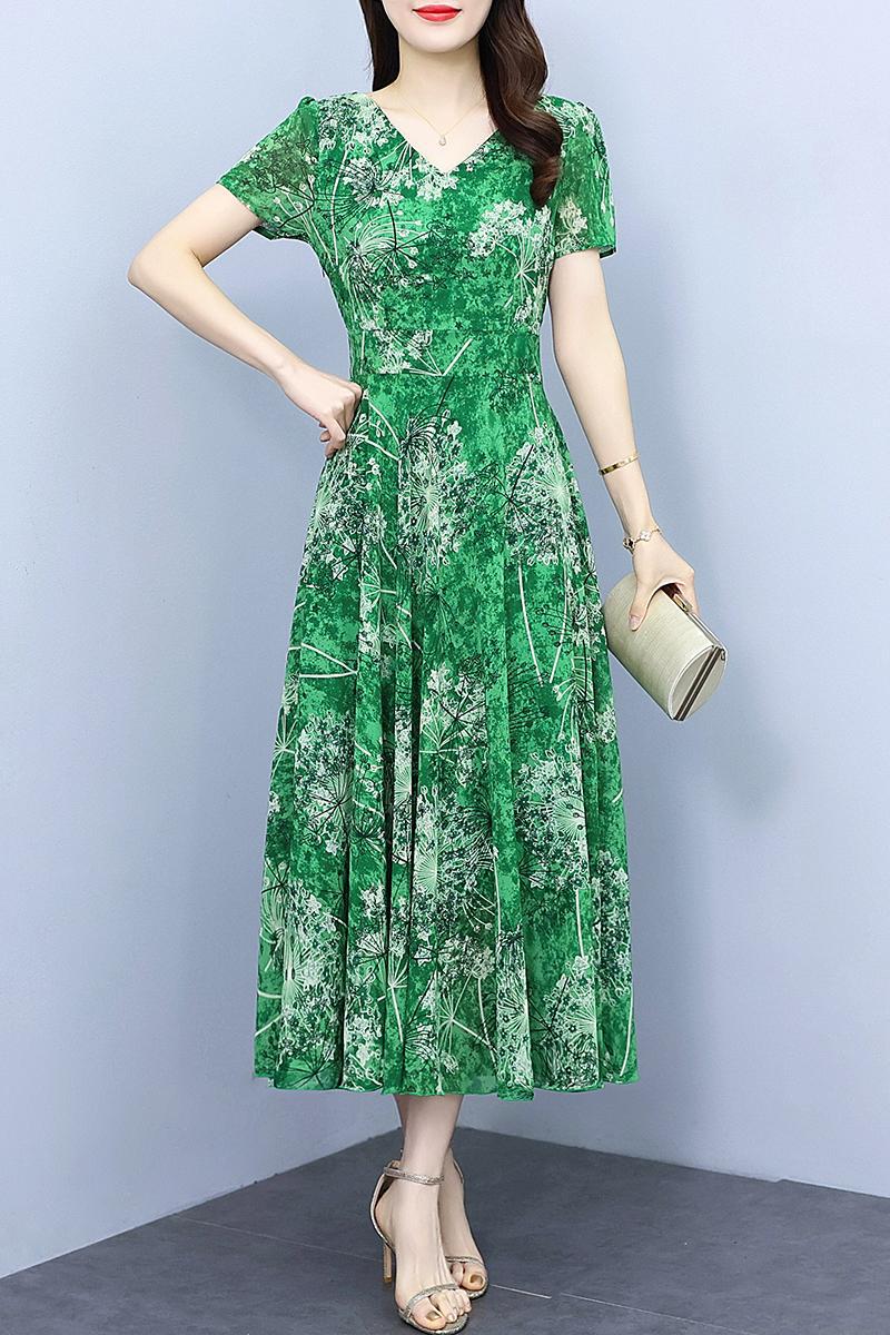 Artistic Chiffon Green Floral Dress with Princess Sleeves