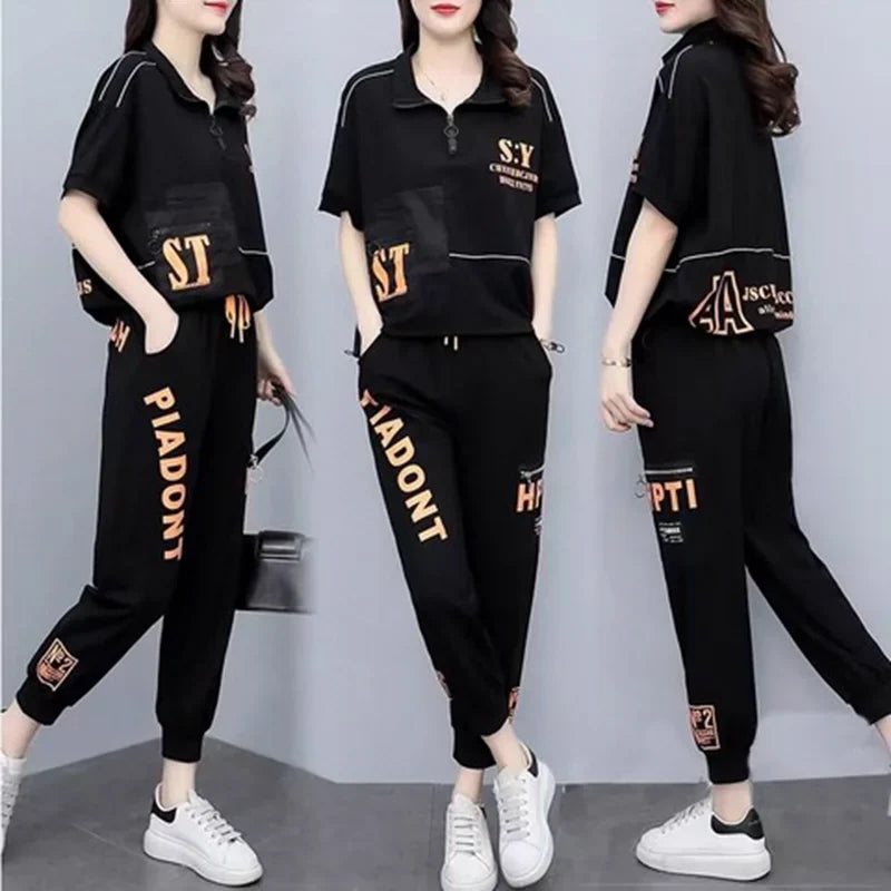 Urban Fashion Black Letter Casual  Sportsy Suit w/  Matching Top & Pants