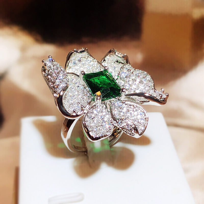 Square Cut Emerald Flower Petal CZ Ring - Adjustable Size Fits All.