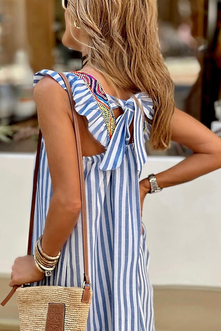 Bluer Striped  Square Collar Lace-up Mid-length Dress