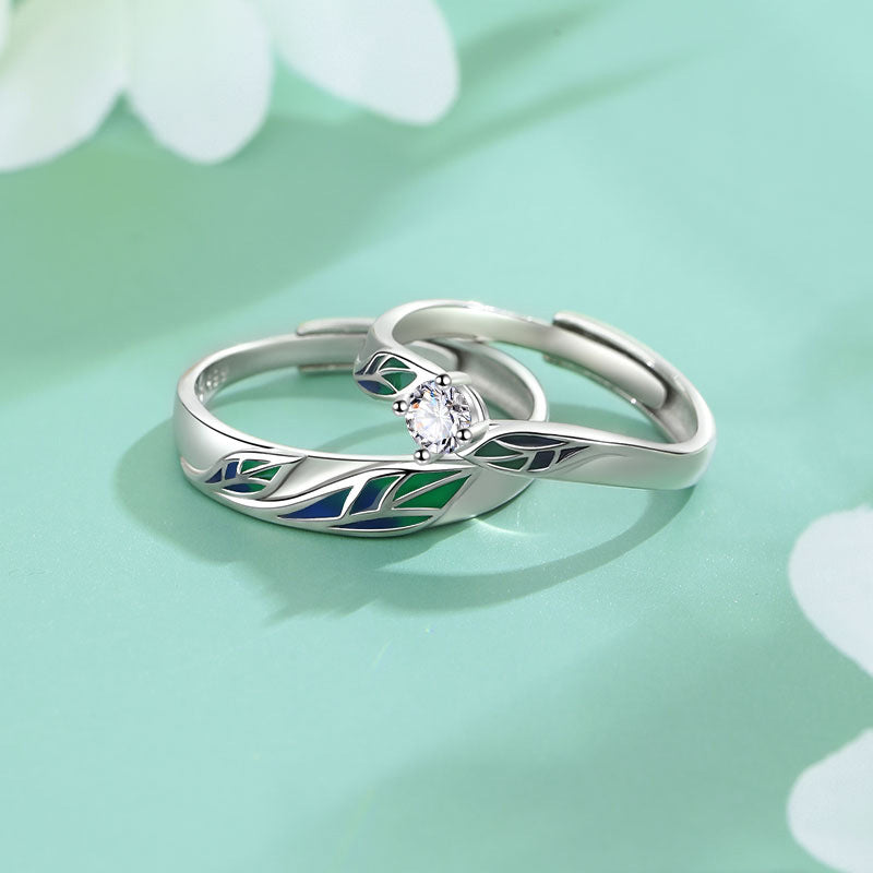 999 Pure Silver Simple Leaf Lovers Ring Set - Adjustable to Any Size.