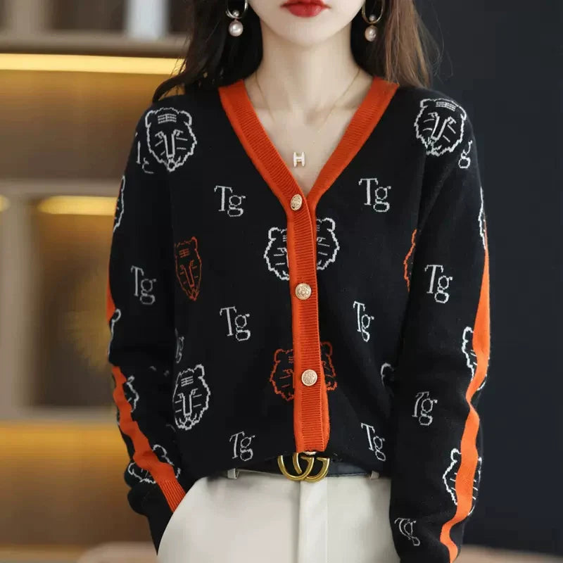 Chic 2-Color Knitted Cardigan Jacquard Loose-Fitting  with Long Sleeve