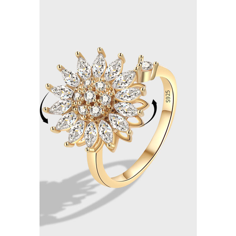Rotatable 925 Sterling Silver Sunflower Spinner Ring with Gold Overlay - Adjustable to Any Size.