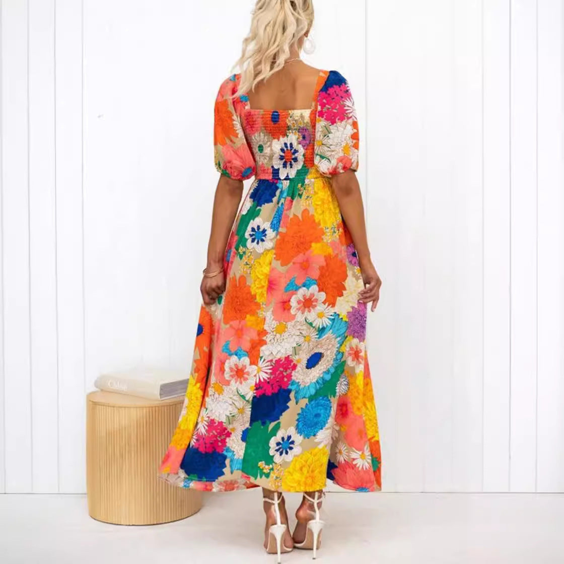Floral Bliss V-neck Printed Dress with  Puff Sleeve