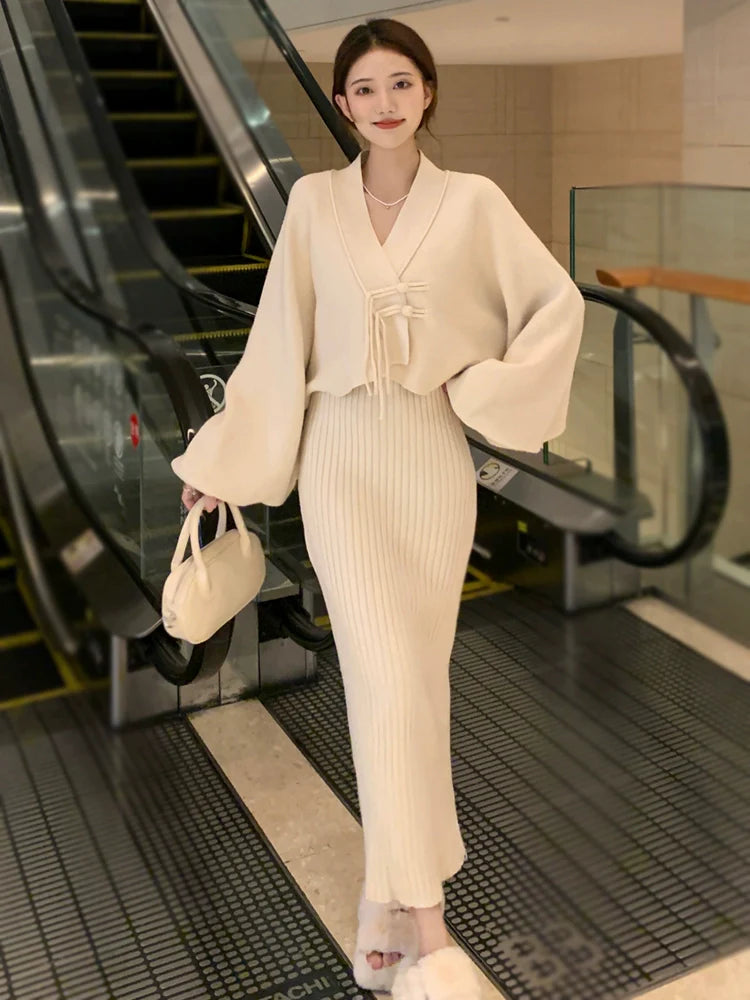 Elegant Knitted  Cashmere  Two-Piece Set with Cardigan& Dress