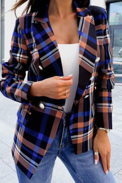 Total Styler Plaid Print Double-Breasted Blazer