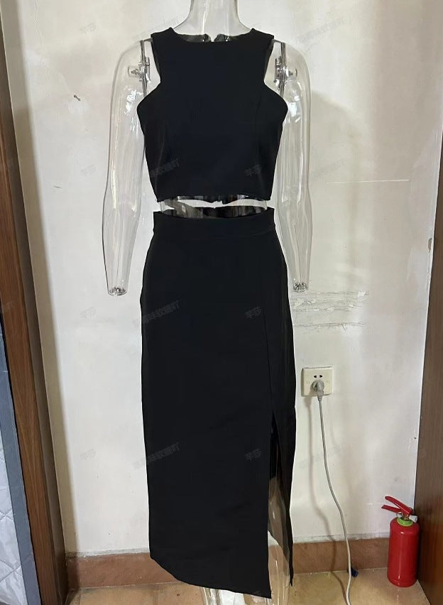 2- Piece  Suit with  Round Neck Sleeveless Top & High Waist Slit Skirt