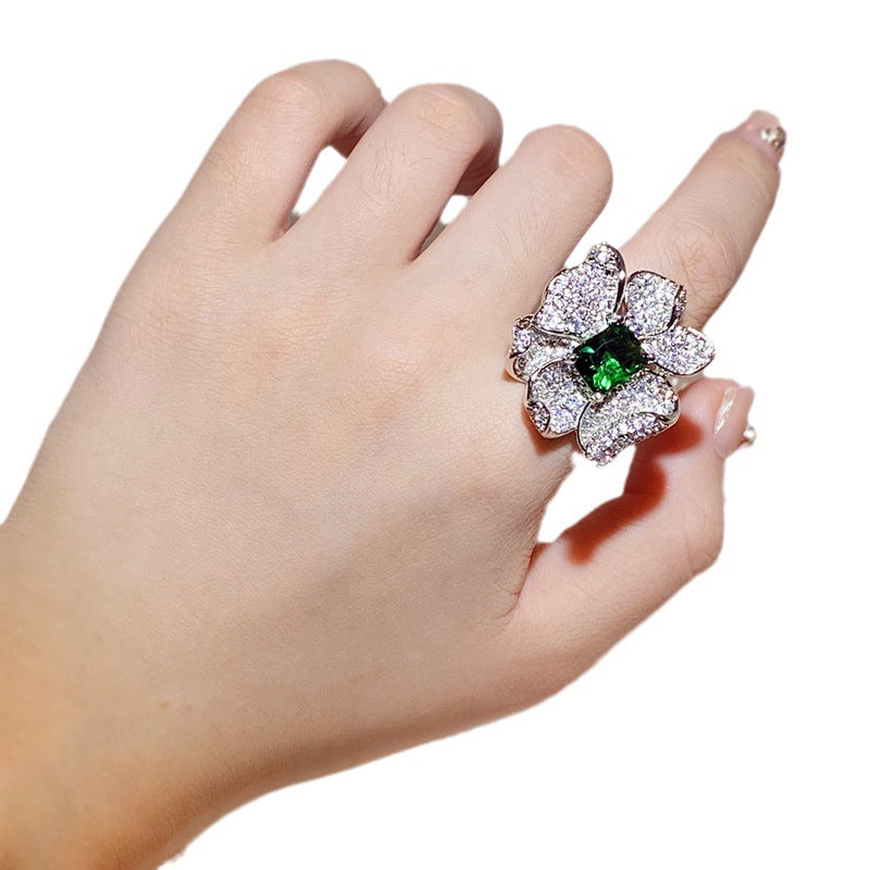 Square Cut Emerald Flower Petal CZ Ring - Adjustable Size Fits All.