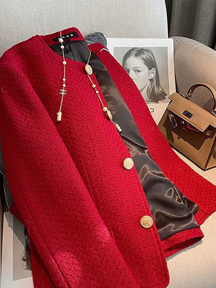 Red Classic Retro Style Crewneck Short Jacket with Gold Buttons